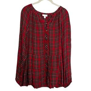 J Jill Womens Blouse Small Red Tartan Plaid Button Front Tiered Long Sleeve